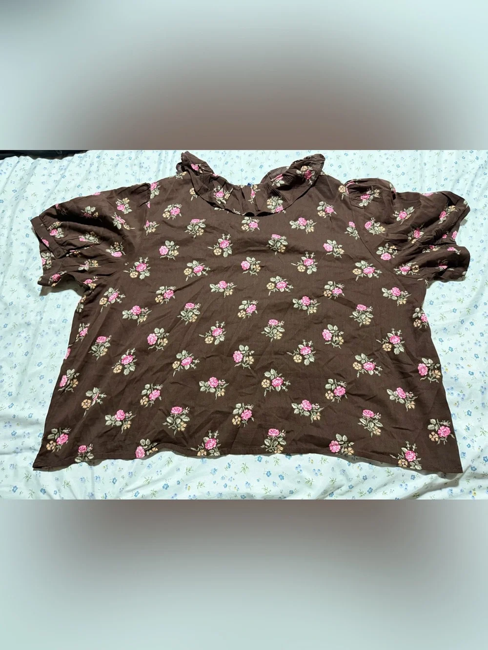 Old Navy Brown Floral Ruffle-Smock Blouse with Pink Rose Print
